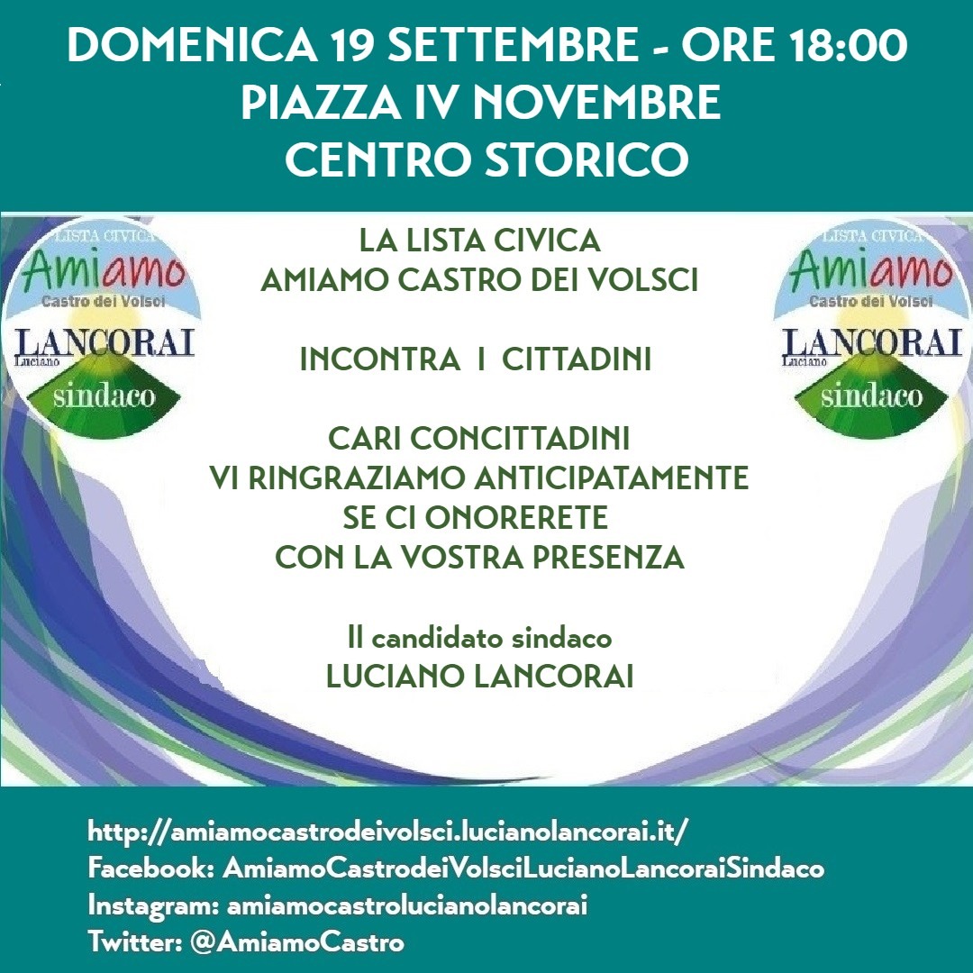 AmiamoCastro's tweet photo. Oggi 19 settembre 2021 ore 18:000
#trasparenza #disponibilta #organizzazione #partecipazione #sicurezza #difesadeideboli

#amiamocastrodeivolsci 
#LucianoLancoraiSindaco https://t.co/U8KNkrc1TO