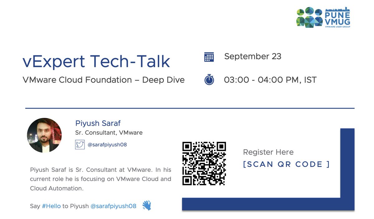 Hello, Tweeeples. 
Let's join and meet one of our own #vExpert <a href="/sarafpiyush08/">Piyush Saraf</a> and he will be taking us through a webinar on VMware Cloud Foundation. 

Don't miss out and register for the event here. 
zoom.us/meeting/regist… 

<a href="/vExpert/">VMware vExpert</a> <a href="/MyVMUG/">VMware User Group</a> <a href="/vmwarevcf/">VMware Cloud Foundation (VCF)</a> #vExpert