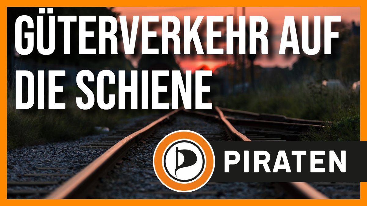 Foto von Bahnschienen im Sonnenuntergang. Text: Gueterverkehr auf die Schiene