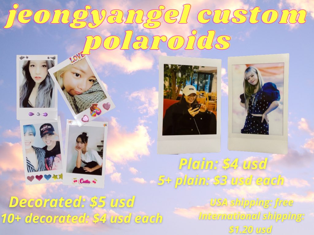 i’m selling custom polaroids! 

plain polaroids: $4usd each
decorated polaroids: $5usd each

USA shipping: free
International shipping: $1.20usd

Fill out the google form and DM me if you have any questions!
(i won’t print nsfw or sasaeng pictures)

forms.gle/hjZizE8JcJnW9R…
