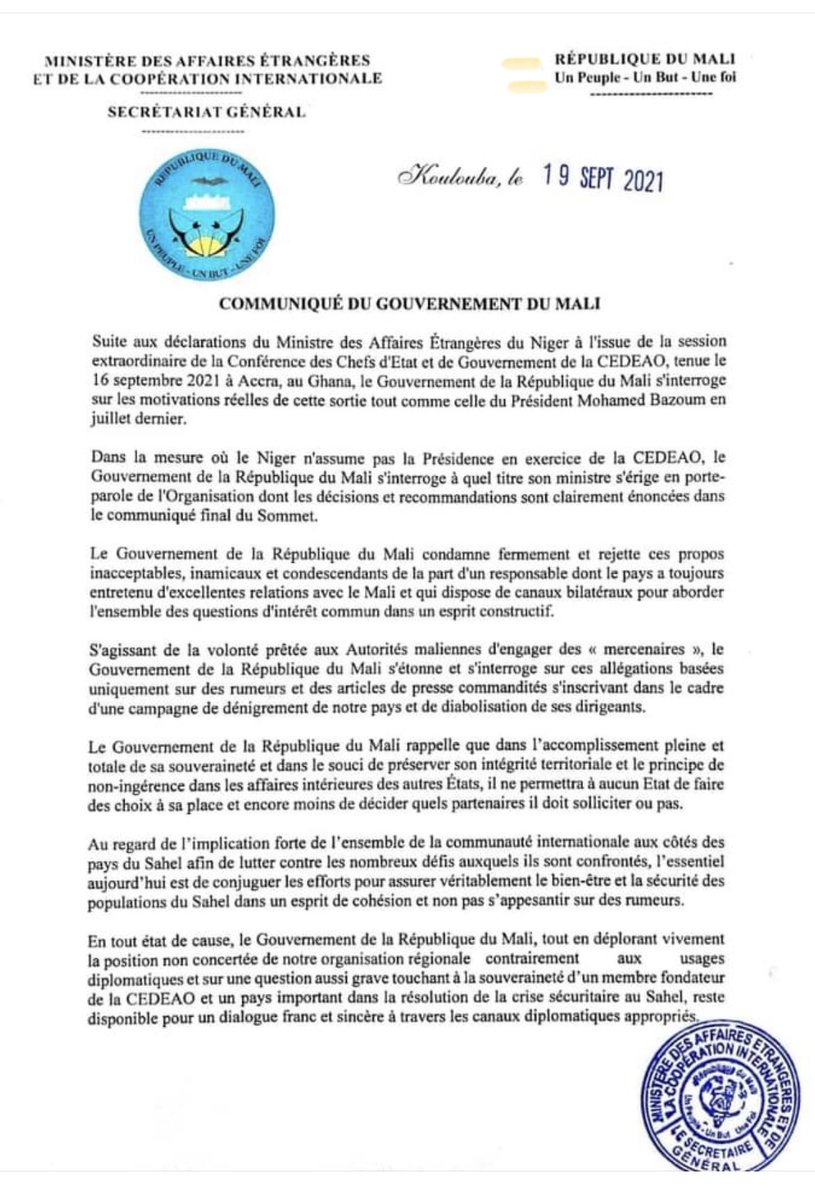 sergedanielinfo's tweet photo. #Mali- Affaire Wagner ( Société militaire privée russe), déclarations d'un ministre nigérien sur le Mali .... Le gouvernent malien répond officiellement: https://t.co/ZjfBT3QLG1