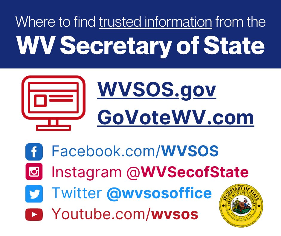 wvsosoffice's tweet photo. Know where to find us for accurate and updated information on some of the biggest issues in the mountain state. #TrustedInfo #BizSchemeSOS

Facebook: https://t.co/amW5mMGlY5
Instagram: https://t.co/BjA5KT1iyH
Youtube: https://t.co/fgXVjTFLd8 https://t.co/UCiwCHPu3r
