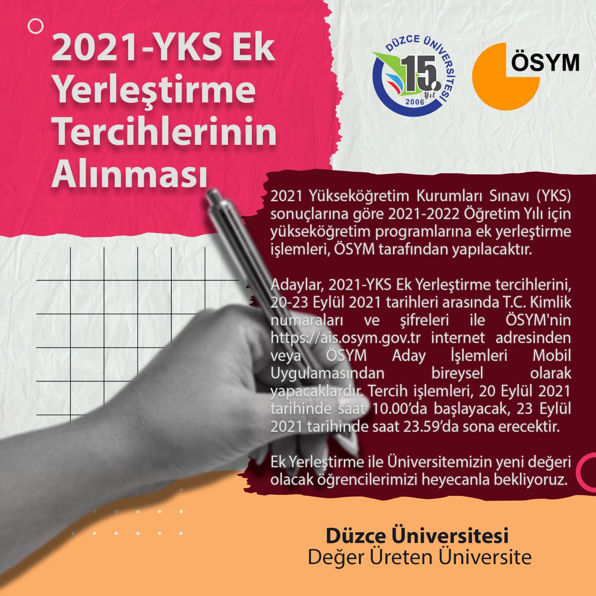 2021-YKS EK Yerleştirme Tercihlerinin Alınması Hakkında!

Ek yerleştirme ile Üniversitemizin yeni değeri olacak öğrencilerimizi heyecanla bekliyoruz. 💚💙🙂 #2021yks #ektercih2021 #DüzceÜniversitesi