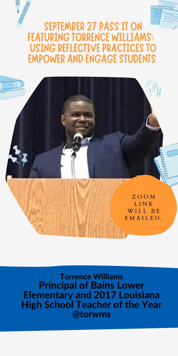Our next Pass It On New Teacher Academy session will feature <a href="/torwms/">Torrence R. Williams</a>, the 2017 Louisiana High School Teacher of the Year,  who will inspire teachers to grow by using reflective practices to engage and empower students.  #LaPublicFellowship #Passiton