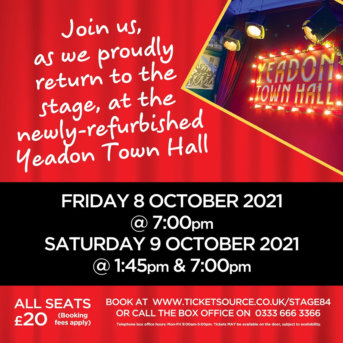 We’re very proud to be making our return to full scale live theatre next month at Yeadon Town Hall, with 2 shows in 1! Stage 84 proudly presents Disney’s Moana Jr and Fame Jr, Fri 8th and Sat 9th October. Book your tickets now at ticketsource.co.uk/stage84