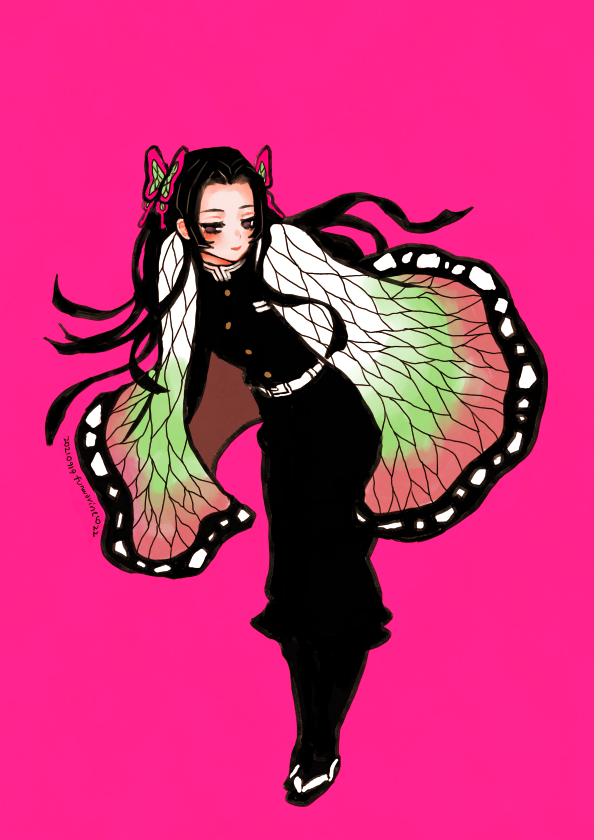 1girl demon slayer uniform solo hair ornament pink background butterfly hair ornament black hair  illustration images