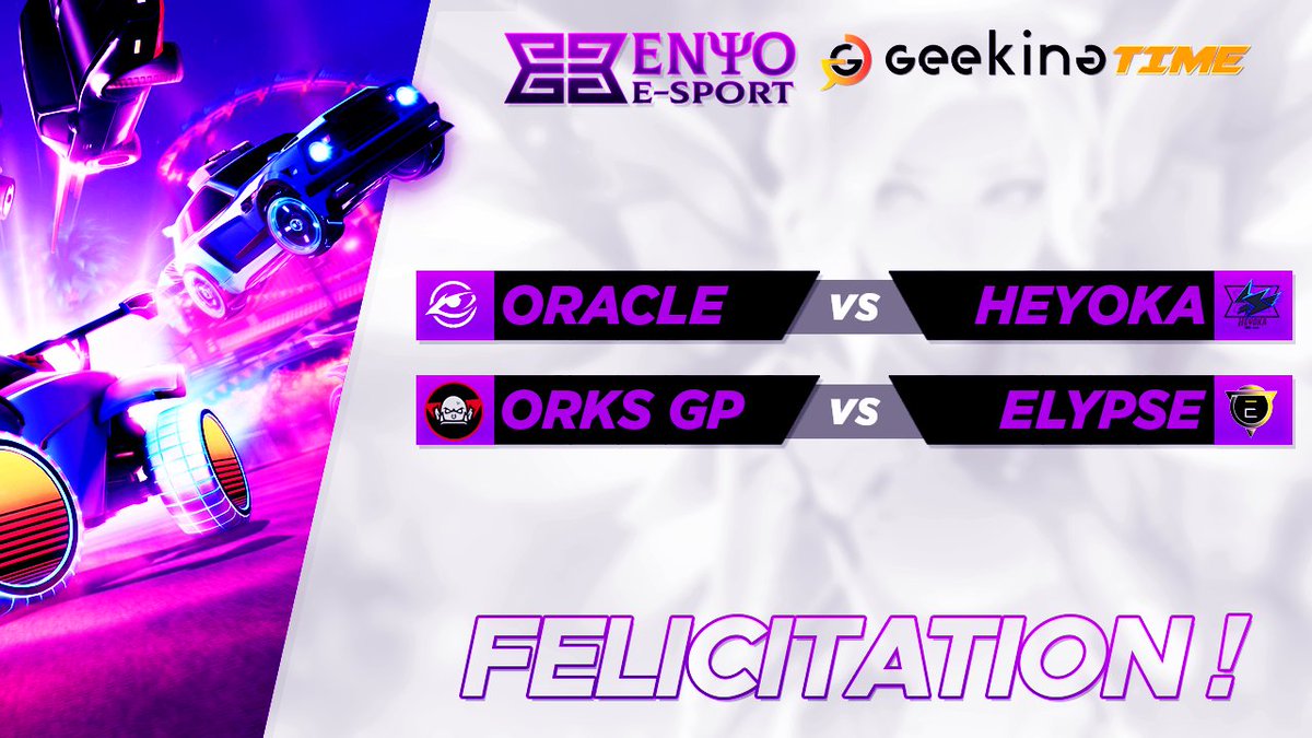 RDV à 14h pour voir s'affronter nos qualifiés du tournoi #RocketLeague en partenariat avec <a href="/GeekingTime/">Geeking Time</a> ! 

<a href="/OracleEsport/">Oracle Esport</a> VS <a href="/EnyoEsport/">Enyo Esport</a> #Heyoka
<a href="/orKsGP/">orKs Grand Poitiers</a> VS @ElypseEsport

Soyez prêt ça va être du beau jeu 🔥

#AsOne