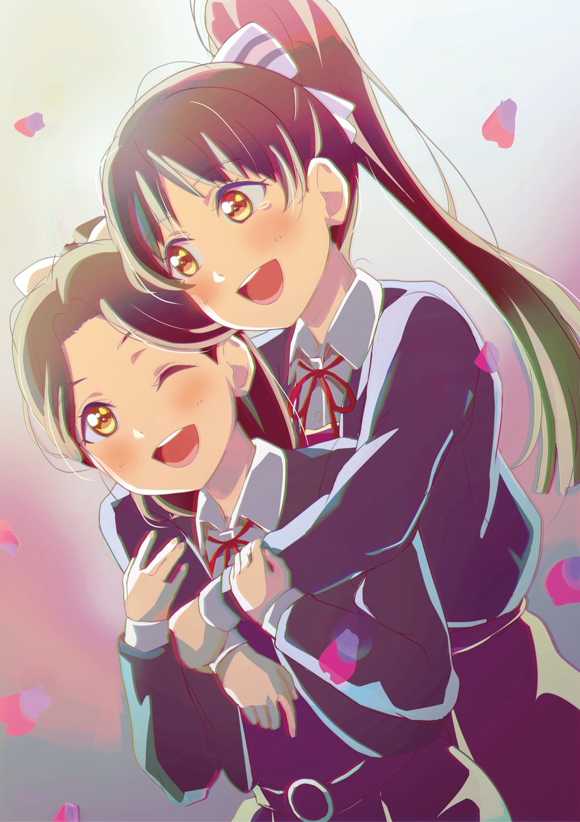 yuigaoka school uniform multiple girls 2girls school uniform hug from behind hug one eye closed  illustration images
