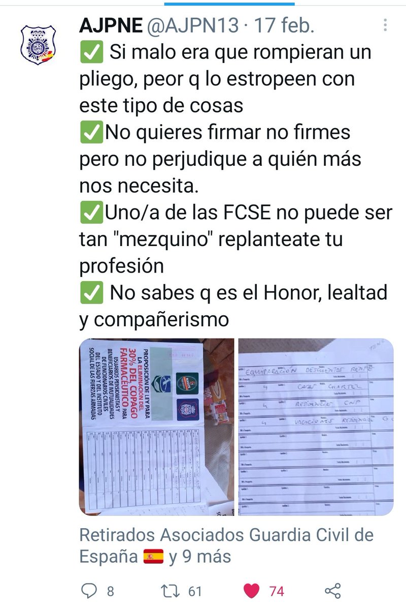 <a href="/insecta_verde/">FRANCISCO</a> <a href="/AUGC_AccionAsoc/">AUGC Acción Asociativa</a> <a href="/jusapol/">jusapol</a> <a href="/guardiacivil/">Guardia Civil</a> Los reivindicadores dla "UNIDAD" y los apropiadores y aprovechados de esa palabra,lo único q han hecho es crispar y enfrentar para desunir,hasta el punto deq todo el mundo ha ido cortando relaciones con ellos.
Así entienden ellos lod "Unión",decirlo pero hacer todo lo contrario.