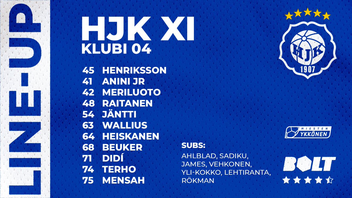 klubi_04's tweet photo. HJK KLUBI 04 vs TPS 16:00

45 Henriksson
41 Anini jr
42 Meriluoto
48 Raitanen
54 Jäntti
63 Wallius
64 Heiskanen
68 Beuker
71 Didí
74 Terho
75 Mensah

Subs: Ahlblad, Sadiku, James, Vehkonen, Yli-Kokko, Lehtiranta, Rökman

#HJK #Ykkönen #OnVainYksiKlubi https://t.co/YoKveSAu94