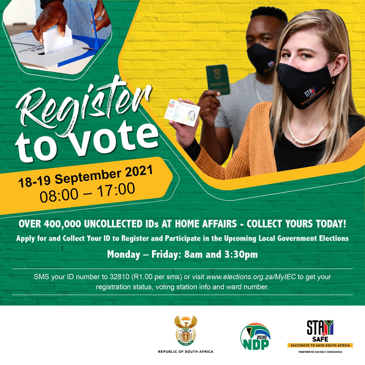 Remember, you can apply and collect your #ID or #SmartIDCard at @HomeAffairsSA offices today, 19 Sept, to register to vote in #LGE2021. Their offices will be open today until 5pm to coincide with our #RegWeekend hours. #EveryVoiceTogether