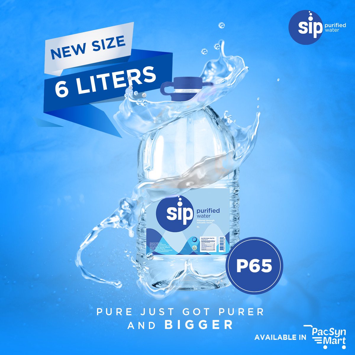 @sippurifiedwater is now offering its newest size on PacSyn Mart! The all new 6L for only 65 pesos! 

Shop now at pacsynmart.com for exclusive promos!