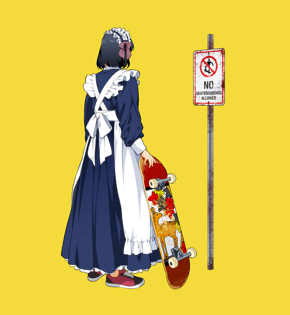 1girl skateboard solo maid headdress black hair yellow background shoes  illustration images