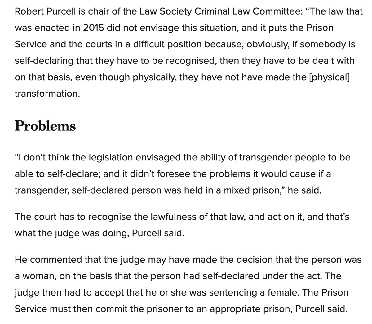 mbmpolicy's tweet photo. In October 2019, the chair of the criminal law committee of the Law Society of Ireland Robert Purcell said that the Gender Recognition Act 2015 had placed the State in an impossible position with regard to transgender prisoners. https://t.co/ySgR0fQIZz https://t.co/jKDUh8W3Bw