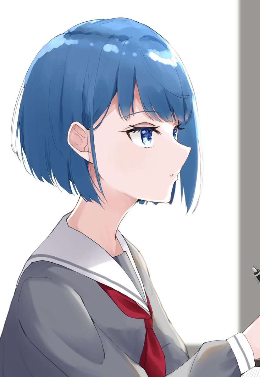 1girl solo blue hair blue eyes short hair school uniform grey shirt  illustration images