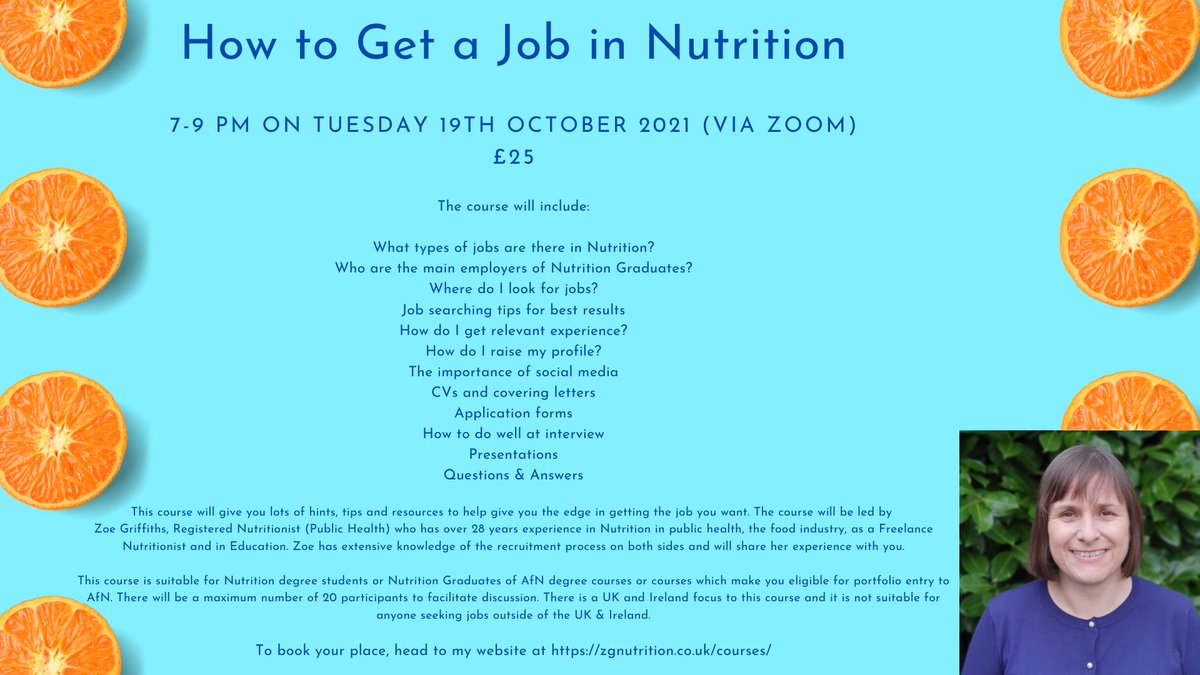 ZG_Nutrition's tweet photo. 👨‍🎓Heading back to Uni this week? Thinking about how to get a job after graduation?

💻My How to Get a Job in Nutrition course at 7-9pm on Tues 19 Oct covers everything you need to know to put you in the best position to get your first job

Book here https://t.co/80Cf5yOe1m https://t.co/ognRAq5G4q