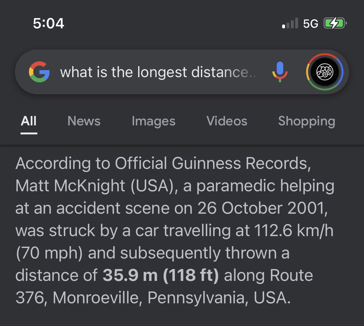 Randomly just applied to @GWR for my vehicle vs pedestrian accident almost 8 years ago. Apparently the record is called “farthest auto accident survived”. Poor Matt McKnight got smoked when I flew 47ft past the current record. I might have chronic pain, but I also might get a…