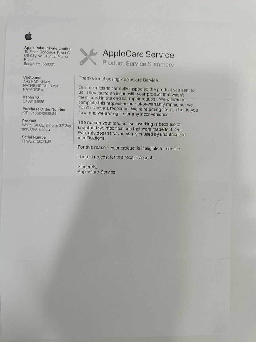 ArshadK06545866's tweet photo. @tim_cook I am an old customer of Apple but not happy with Apple company. Apple company has damaged my mobile by saying unauthorized modification, my mobile warranty was terminated, my mobile was damaged on charging, 
Arshad Khan https://t.co/kgUfhWd1vh.8104492929 https://t.co/oF7fTiVfub