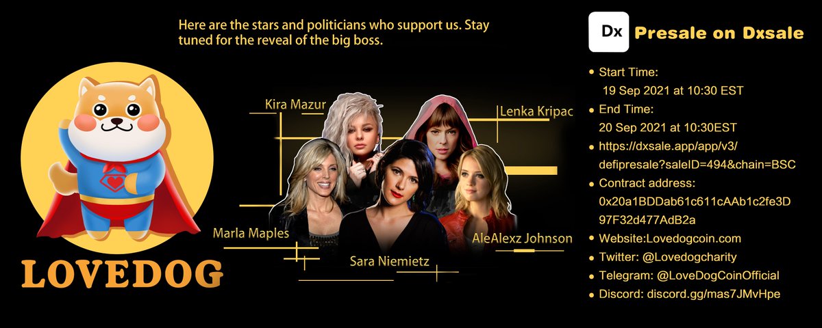 LoveDog presale will start on September 19, 2021 at 10:30 (EST).

Contract: 0x20a1BDDab61c611cAAb1c2fe3D97F32d477AdB2a
Dxsale: dxsale.app/app/v3/defipre…

Don't miss the chance to land on the moon!🚀🌕