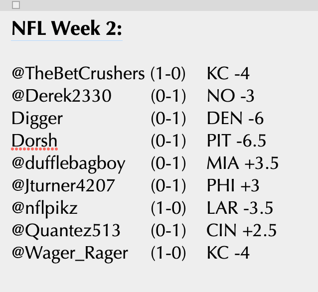 DiggerAndDorsh's tweet photo. WEEK 2 of @DiggerAndDorsh #NFL Season Long 🏈 ATS Challenge 🏈 with esteemed #GamblingTwitter guests (9/19):

@TheBetCrushers, @Derek2320, @dufflebagboy32, @jturner4207, @nflpikz, @Quantez513, @Wager_Rager

#Sportsbetting 🏟 #NFLPicks 
Lines as posted Saturday morning on Bovada. https://t.co/0VJTbm9FUt