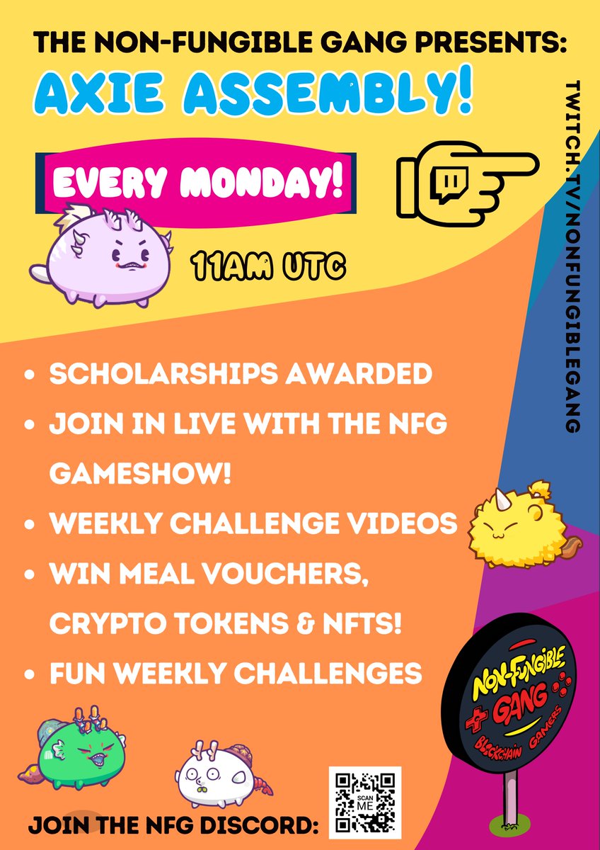 SolariumHQ's tweet photo. DONT MISS THE NFG AXIE ASSEMBLY!!🥳- we will be annoucing 15 new Axie Scholars live, doing some giveaways + running our new interactive gamshow where you can win prizes!

Tell yo friends + yo nans. Lezdothis Gang Gang! 🤪 https://t.co/uJqF5y2HpW
