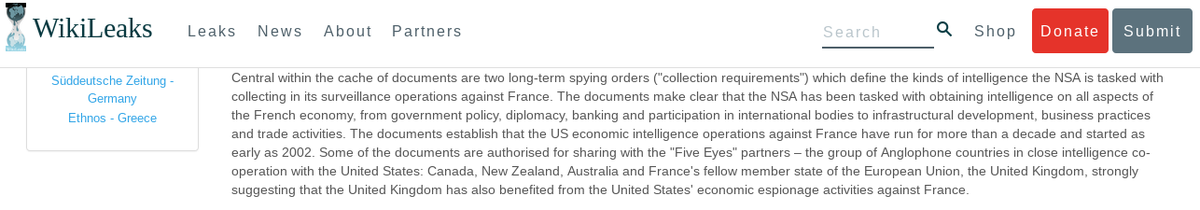 Espionnage Élysée: WikiLeaks previously revealed US economic espionage against France and wiretapping of French Presidents and Ministers, many documents  authorised for sharing with the "Five Eyes" partners  #NSA #AUKUS #SousMarins wikileaks.org/nsa-france/
