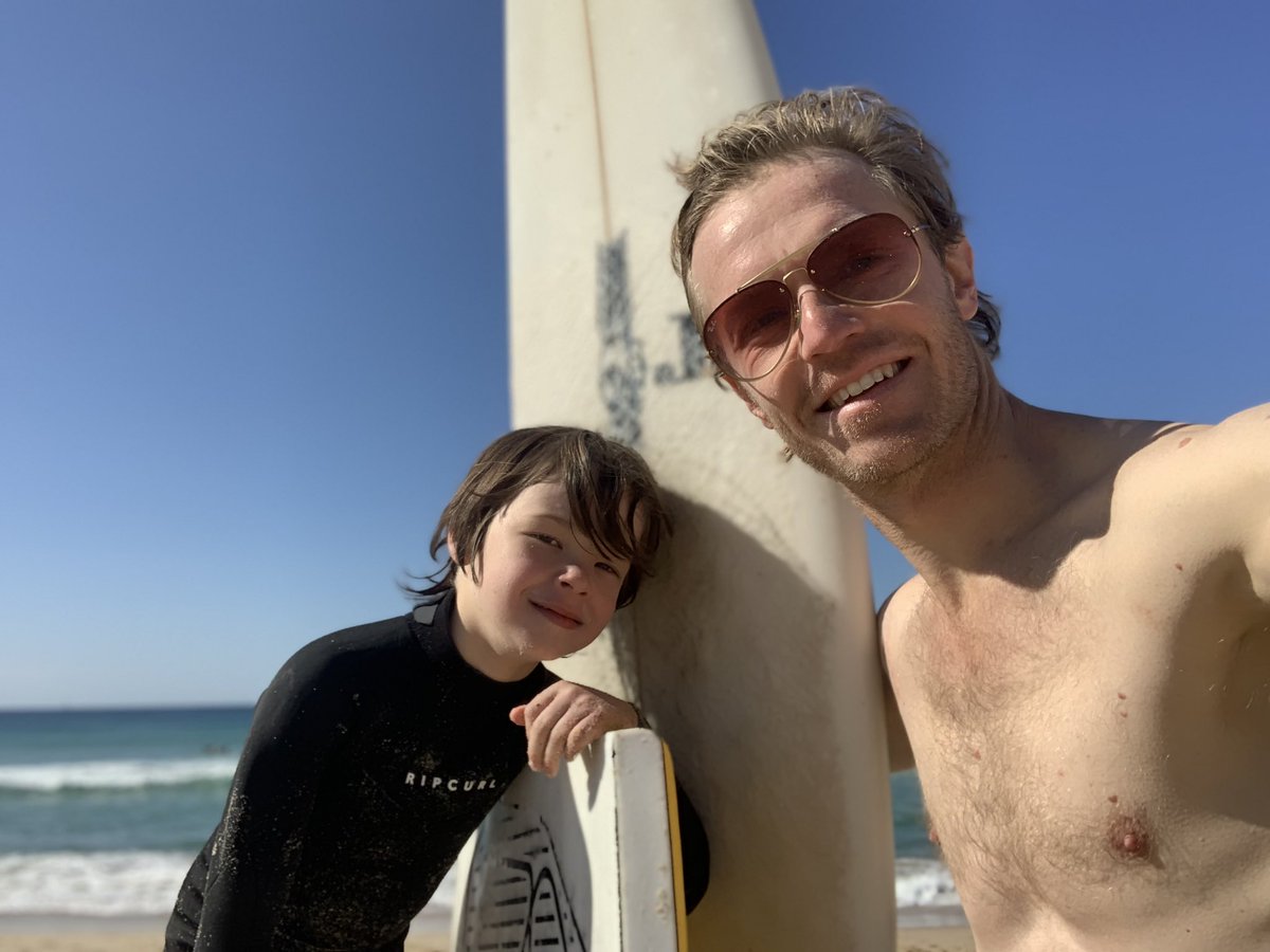 Landmark day for me. Now 7yo, my boy for the 1st time conquered his nerves &amp; paddled out the back at Bondi on his own, so today we caught waves together &amp; he laughed at dad’s ‘epic fails’ 😂. Dream come true 4 me… I hope it’s the 1st of a thousand surfs together. Little legend