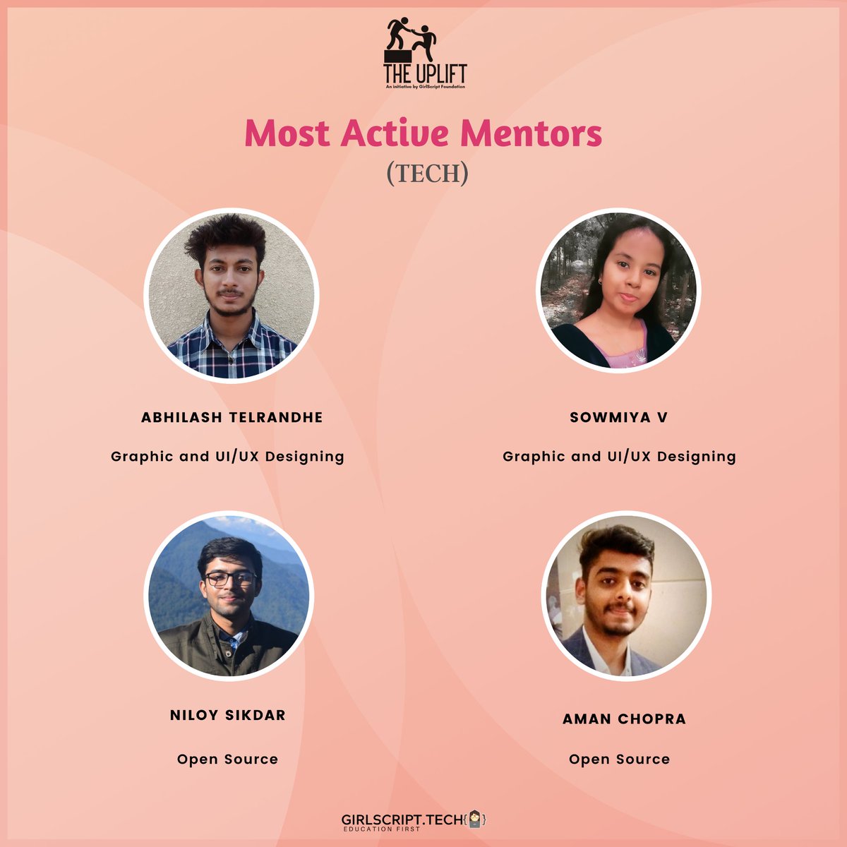 uplift_project's tweet image. Presenting to you the amazing mentor who were there for  the participants throughout the program .😄

Token of appreciation and certificates will be given soon !! 🤩

#uplift #upliftproject #girlscript #educationfirst #100DaysOfUplift