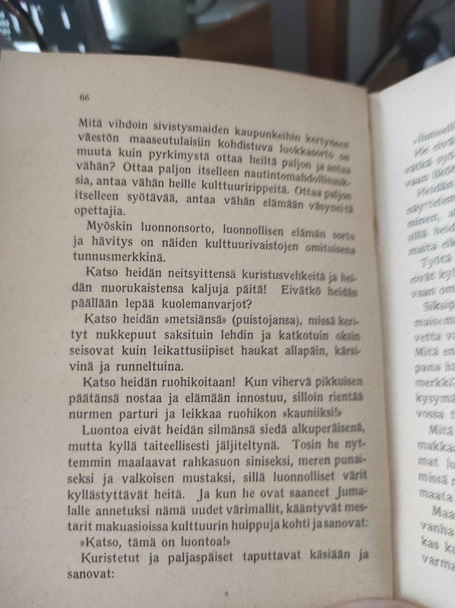 MaksyPeksy's tweet photo. Joskus oli muodissa naureskella "suomalaiselle luontosuhteelle". Siitä en tiedä mitään, mutta tulipa mieleen tämä #Alkio'n teksti omasta suhteestaan. Siinä saa tuomion aika moni paha aina #kolonialismi'sta lähtien. Toki #turve on kiinnostanut jo silloin. #keskusta https://t.co/NCnfTaJDrX