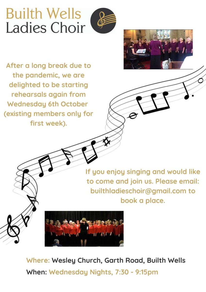 After a long break due to the pandemic, we are delighted to be starting rehearsals again from Wednesday 6th October (existing members only for first week).
New members will be welcomed from Wednesday 13 October, please email: builthladieschoir@gmail.com to book a place.