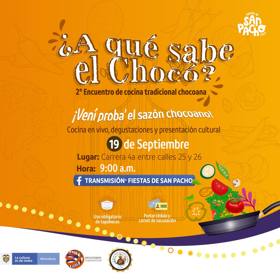 Están todos invitados mañana a vivir una experiencia gastronomía con sabor chocoano🥰‼️🥳🥘🍳🥣🫕🍲 Habrá cocina en vivo, degustaciones para todos los asistentes y presentaciones culturales🎊
🔸️Hora: 9:00 a.m. 
🔹️Apoya: <a href="/mincultura/">MinCultura Colombia</a> <a href="/CorpoIncluyamos/">Corporación Social Incluyamos</a> <a href="/AlcaldiaQuibdo/">Alcaldía de Quibdó</a>