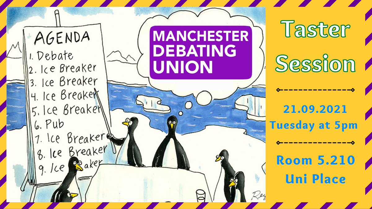 mdunion's tweet image. Hello freshers,

Welcome to Manchester! 💜

Are you ready to start your debating adventure? Come along for our first week’s taster session! You’ll meet our lovely committee, make new friends, learn about British Parliamentary format and play some icebreaker games!
