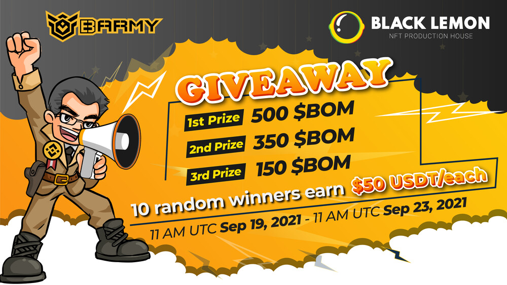 BARMYGROUP's tweet photo. #BSCArmy &amp; @BlackLemonwtf are giving away
💵 500 $USDT
💎 1,000 $BOM

⏰ 11:00 Sep 19 - 10:59 Sep 23 (UTC)

🎁 Prize
10 random winners earn 💵 $50 each
3 pp with the most entries earn 🥇 500,🥈350, &amp;🥉 150 $BOM

👉 Join at: https://t.co/ahnJbxFg2t https://t.co/IUbyTxnwuN