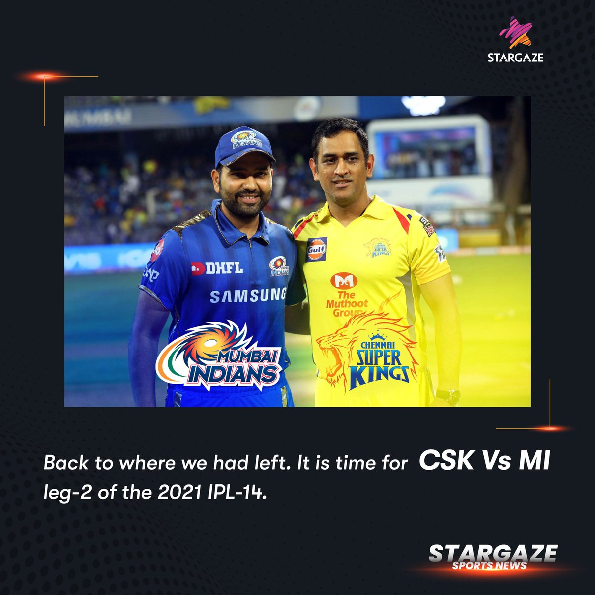 Resume that Play ⏯️ button, get on to your TVs, and cheer for your favorite team. It is surreal to see HitMan take on the Thala army. As IPL-14 brings back action who do you think will win today's match? #stargaze #star #stargazeindia #match