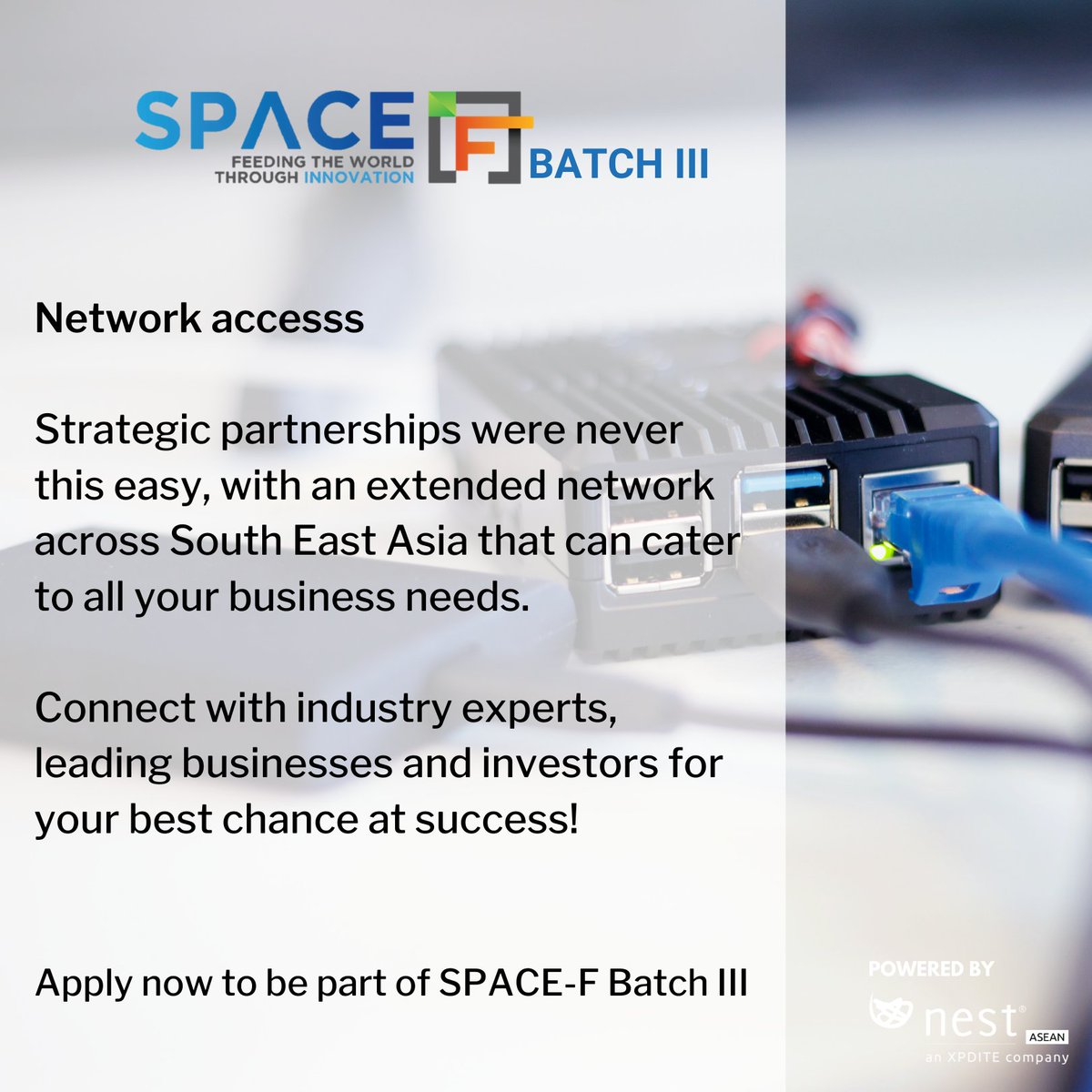 NestIdeas's tweet photo. Redesign the future of Food Tech at SPACE-F Batch III, with unparalleled, cross- industry network access.  
. 
Applications are now Open: 
Incubator: 
https://t.co/EYrRJlSxVz
Accelerator: 
https://t.co/8sJUjWBeAJ
.
For More Information: 
https://t.co/mM8VMC142s https://t.co/KgimNqks9O