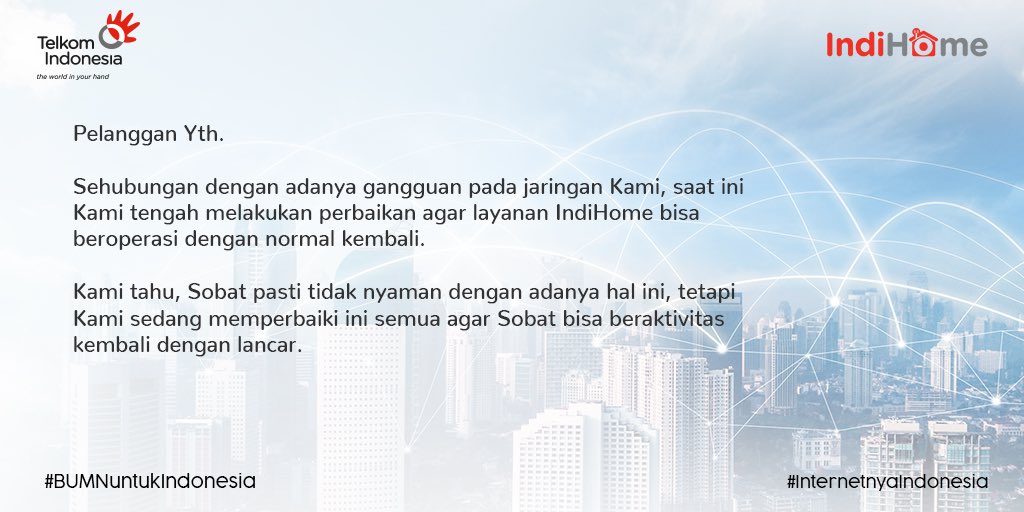 IndiHomeCare's tweet image. Halo Sobat, sehubungan dengan adanya gangguan pada jaringan Kami, saat ini Kami berusaha agar bisa beroperasi kembali sehingga Sobat dapat bisa beraktivitas dengan lancar.
