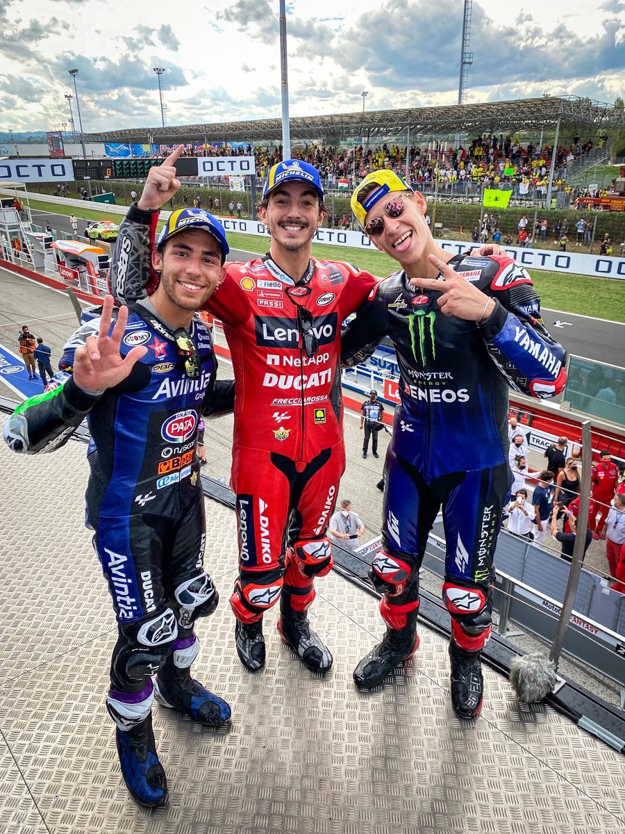 MotoGP's tweet photo. Your #SanMarinoGP 🇸🇲 podium:

🥇 @PeccoBagnaia 
🥈 @FabioQ20 
🥉 @eneabastianini https://t.co/UFFvoEOvRx