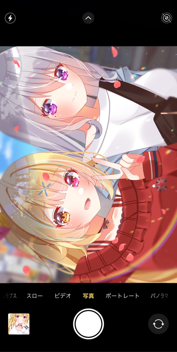 hoshikawa sara multiple girls 2girls blonde hair smile heterochromia purple eyes grey hair  illustration images