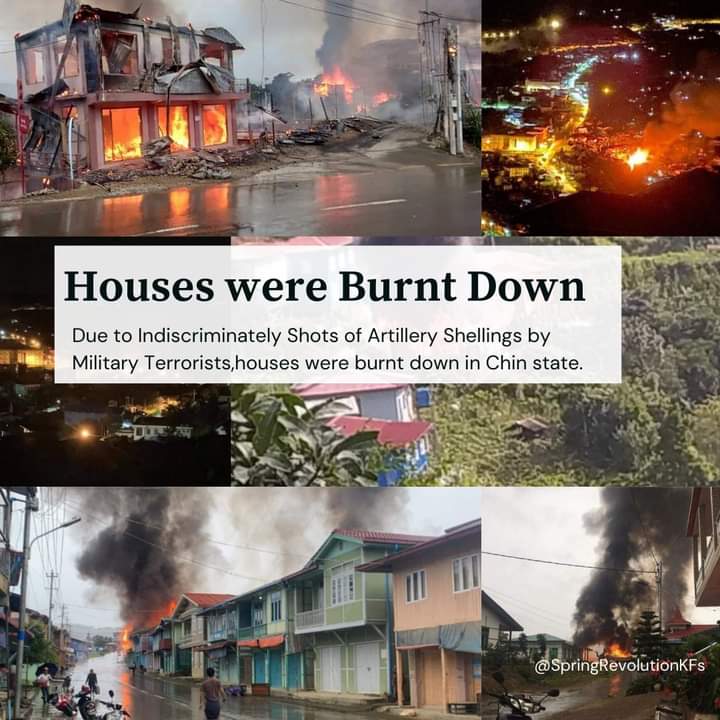 InzaliAung's tweet photo. As #JuntaUsesArtilleryWeapons and indiscriminately shots in residential areas,lot of houses were burnt down,civilians living inside houses were injured,buildings including houses&amp;churches were damaged.We urgently need Int'l Community to #HelpChinState and save thousands of lives. https://t.co/HJ3cKgjprv
