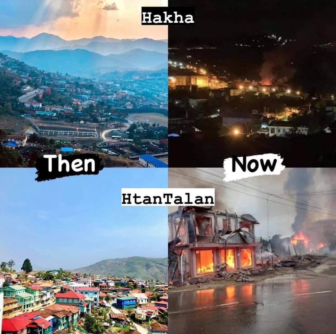 nslwin's tweet photo. This is how Myanmar SAC is destroying the cities in #Chin state. Strong International Help need to #HelpChinState as soon as possible and Save thousands of Innocent Lives including Underage Children from Genocidal Killing of Myanmar Military. https://t.co/TxYKCKRn3S