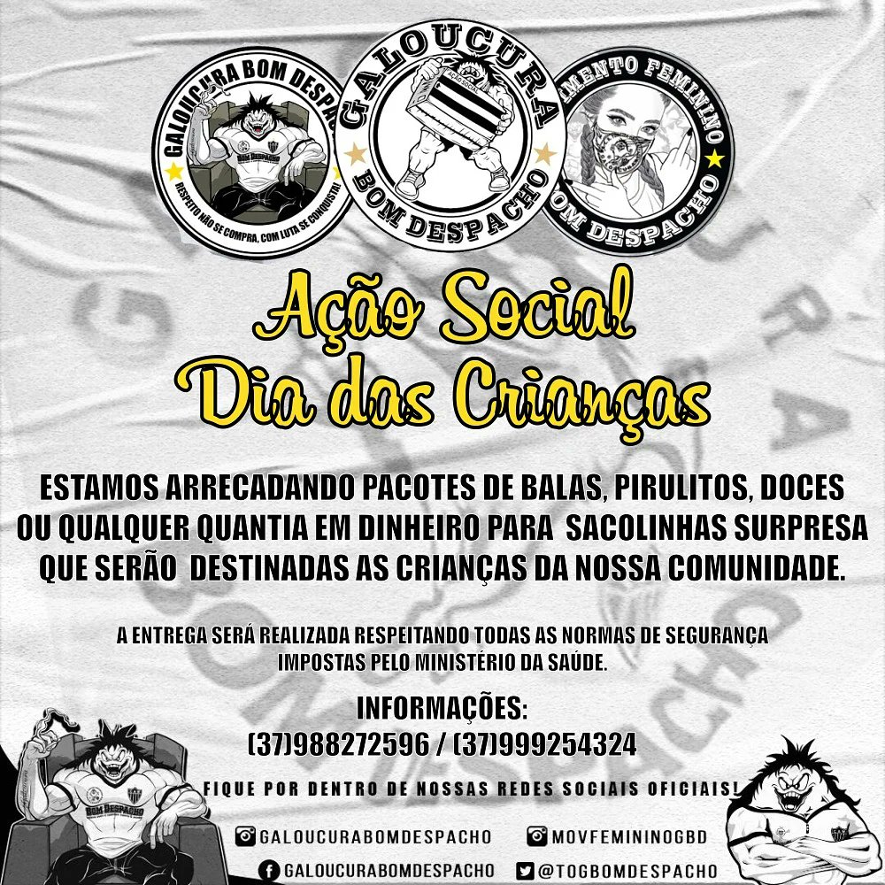 togbomdespacho's tweet photo. A Galoucura Bom Despacho irá realizar mais uma Ação Social de Dia das Crianças. 
Nos ajude a fazer esse dia mais feliz para as crianças da nossa comunidade! Entre em contato e faça uma doação. https://t.co/iqefGMSyZy