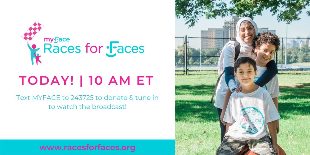 myfaceorg's tweet photo. TODAY'S THE DAY! There's still time to show your support for the #craniofacial community. Text "MYFACE" to 243725 to make a donation & tune in at 10am ET to watch the broadcast at https://t.co/WnwSiEXS8G! #RacesForFaces https://t.co/xJe2T3eXXG