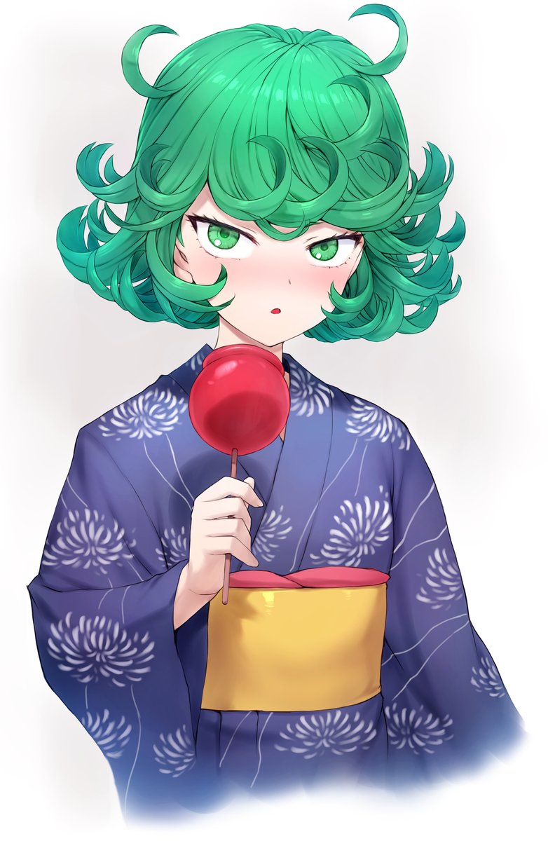 tatsumaki 1girl candy apple japanese clothes solo food green hair kimono  illustration images