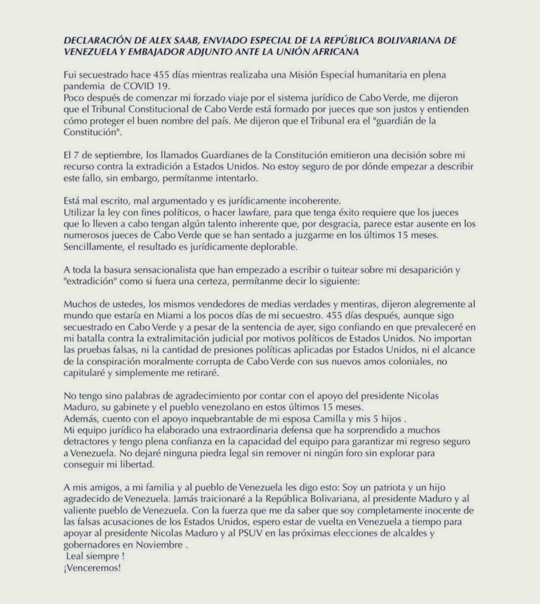 Buen día comunidade! Hoy vamos a apoyar con la etiqueta #LiberenANuestroDiplomatico vean la última carta que mando desde acabo Verde!