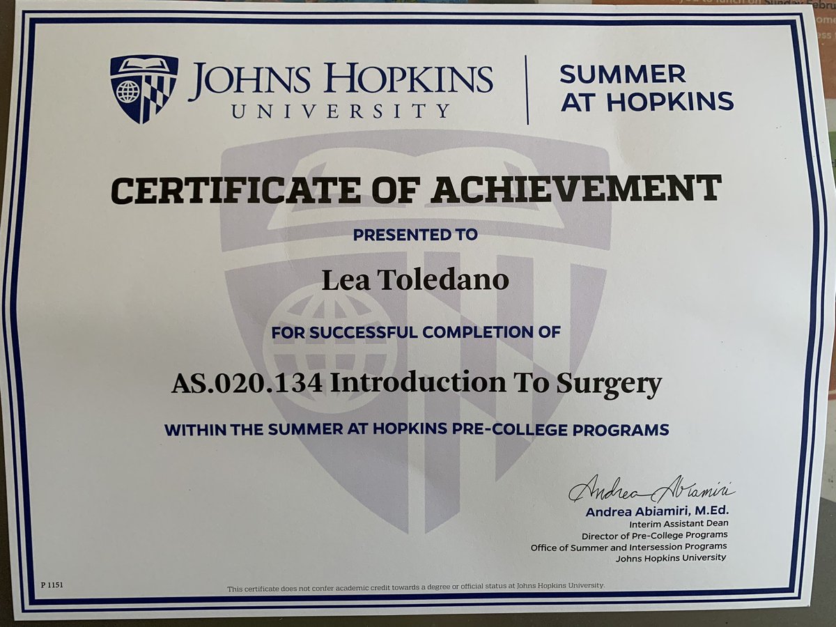 Thank you <a href="/JohnsHopkins/">Johns Hopkins University</a> for one of the best summer experiences! I was so excited to get this and am so thankful for this experience which showed me a glimpse at the field of surgery 🫀