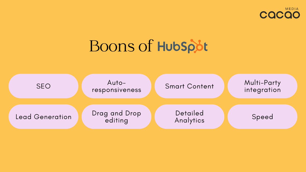 The Website Building &amp; Inbound Marketing Boons of Hubspot:
- SEO
- Lead Generation
- Smart Content
- Detailed Analytics
- Auto-responsiveness
- Drag and Drop editing
- Multi-Party integration
- Speed

For great @Hubspot support, tricks and training, trust us. 

#cacaomedia