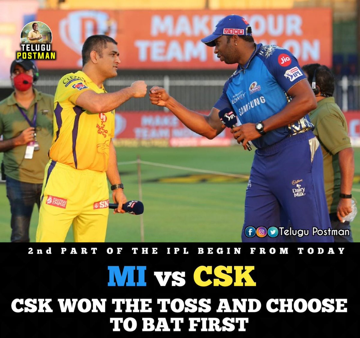 TeluguPostman's tweet photo. Toss Time !

#IPL #IPLisBack #CSKVsMI #MIVsCSK https://t.co/eeFuMSy7zs