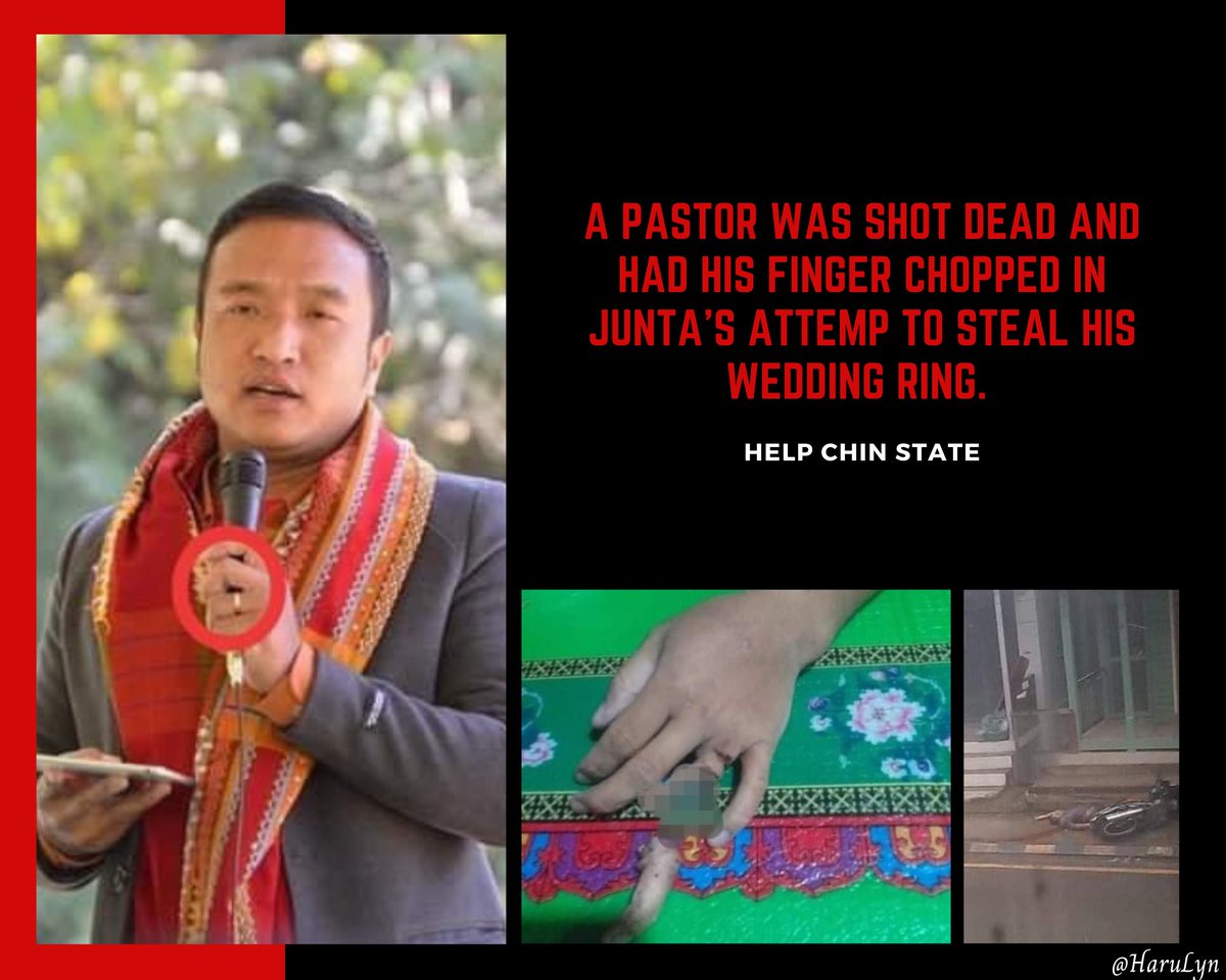 What’s more appalling is that the pastor was inhumanly shot dead on the way to extinguish the fire and had his finger chopped by Junta Terrorists in attempt to steal his wedding ring. We condemn the cruelty of Military Regime and regard their acts as war crimes. 
#HelpChinState