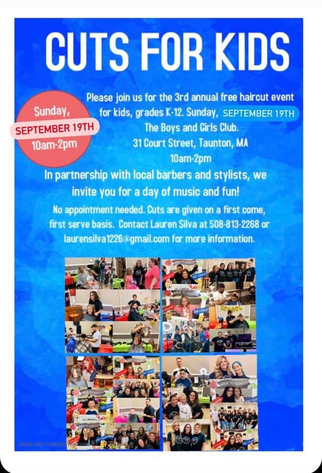 Suzy_Dalessio (@mrs_dalessio) on Twitter photo Come join us today at the Boys and Girls Club in Taunton from 10-2! Free hair cuts for kids! <a href="/Taunton_Schools/">Taunton Public Schools</a> Come join us today at the Boys and Girls Club in Taunton from 10-2! Free hair cuts for kids! <a href="/Taunton_Schools/">Taunton Public Schools</a>