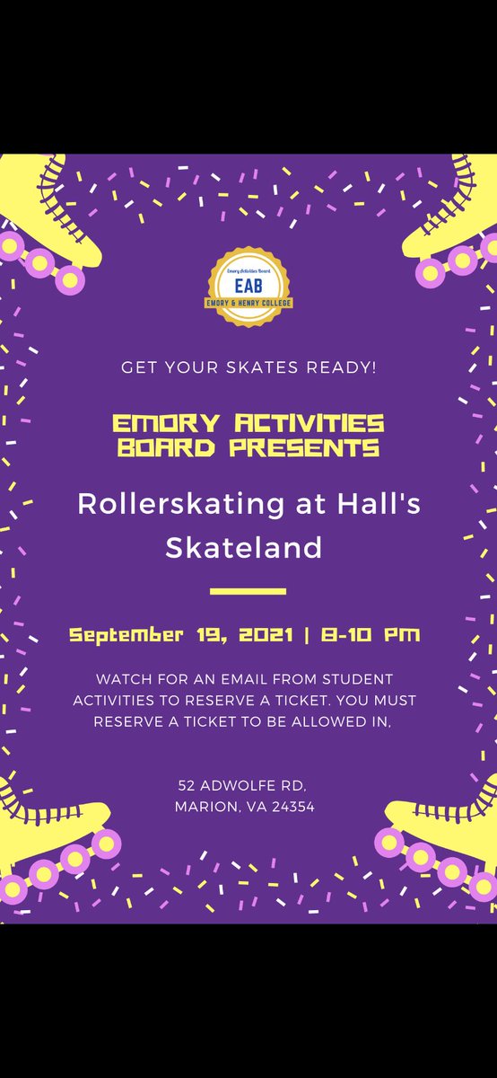 EmoryActivities's tweet image. Come on out to Hall’s skateland at 8pm for a night of fun! Remember to reserve a ticket! docs.google.com/forms/d/e/1FAI…